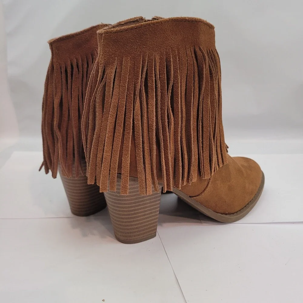 Target Fringe Ankle Boots Womens 6.5 Cognac Brown Leather Block Heel Booties